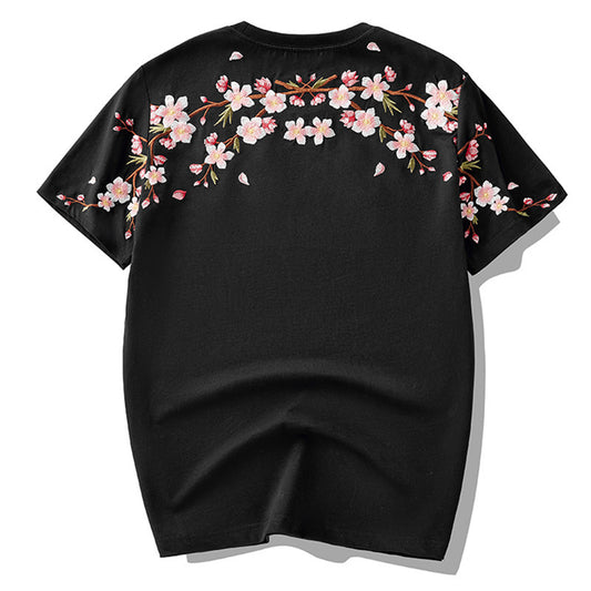 Blossom Embroidered T Shirt Harajuku Streetwear Men Summer T-Shirts Short Sleeve Black White Loose Casual Tshirt For Women